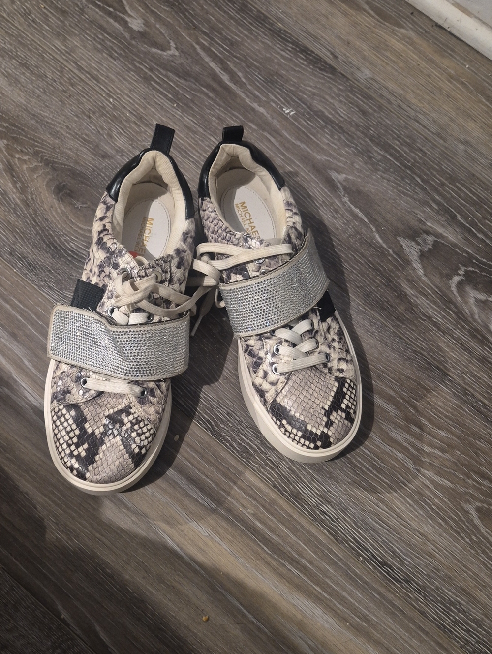 Michael Kors Snake-Print Sneakers with Rhinestone Strap - White/Black